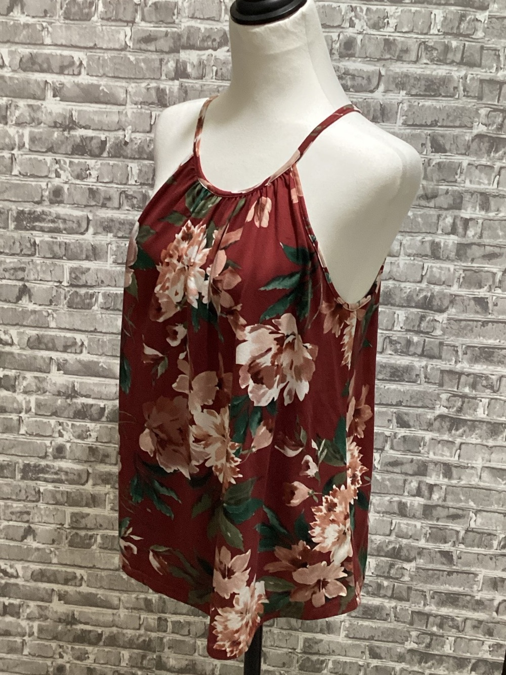 Papermoon Burgundy And Cream Floral Halter Tank With Keyhole Back, Womens Size M